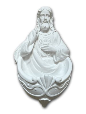 Bénitier mural blanc représentant le Sacré-Cœur de Jésus avec réservoir pour eau bénite, hauteur 14 cm