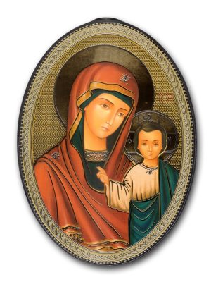 Icône religieuse représentant la Vierge Marie et l'Enfant Jésus dans un cadre ovale de style byzantin.