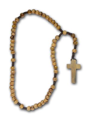 Chapelet en bois d’olivier de Terre Sainte sur corde avec grains de 7 mm et croix en bois naturel